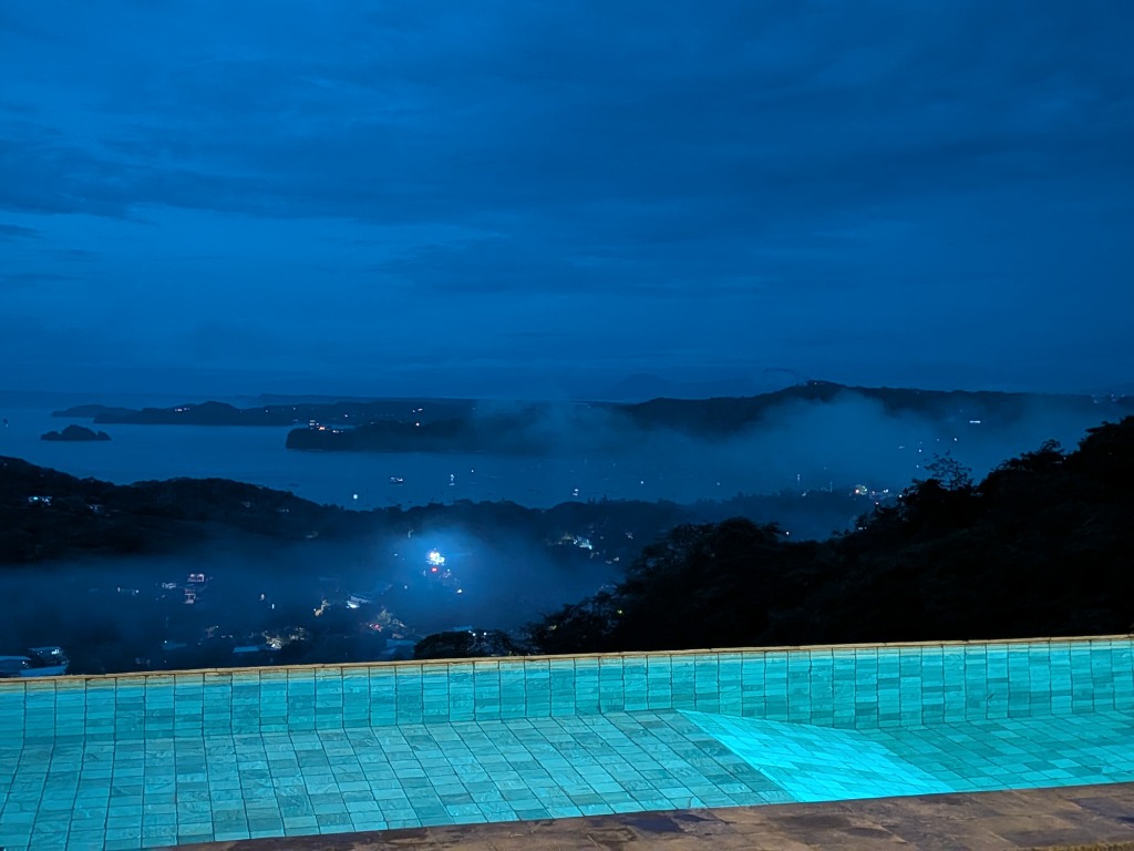 Blue Hour Twilight Pool & Misty Bay View